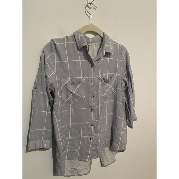 Sim & Sam Womens Blue Button Up High Low Hem Blouse Shirt Medium Roll Tab Sleeve - Picture 2 of 4